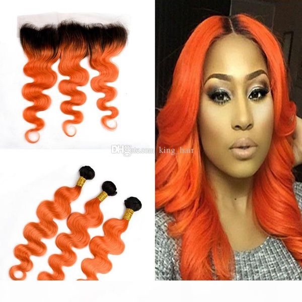 

ombre color 1b orange hair 3bundles with lace frontal 13x4 body wave 1b 350 virgin hair weaves with ear to ear frontal, Black;brown
