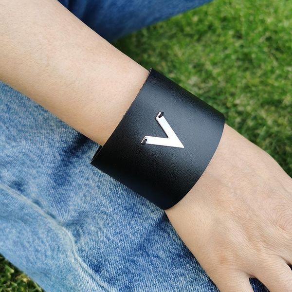 

tennis totabc genuine leather bracelet femme all-match v-shaped wide punk gothic women black, Golden;silver