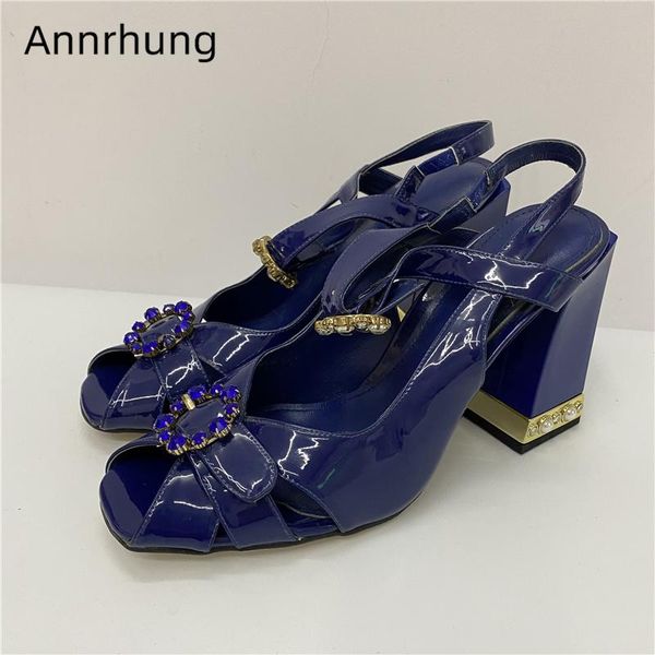 

sandals size 42 crystal ankle strap women square high heels peep toe jeweled rhinestone summer shoes woman, Black