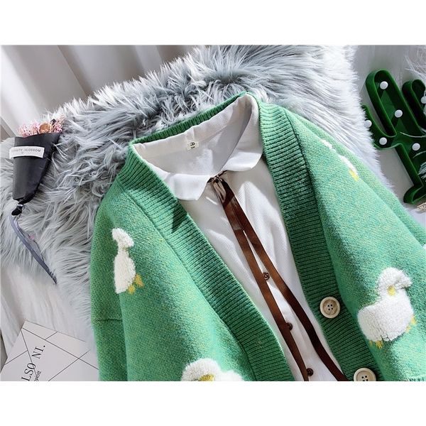 

animal appliques cardigans womens autumn winter loose knit sweater coat cute sheep v neck single breasted knitted jumpers 201204, White;black