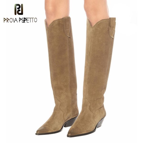 

prova perfetto suede pointed toe boots women fashion thick heel knee boots female genuine leather botas mujer 2020 c1016, Black
