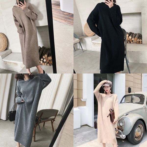 

autumn and winter new long knee length hooded wool loose and lazyshowing thin dressversatile dress knitwear women's versatile dress 69a, White;black