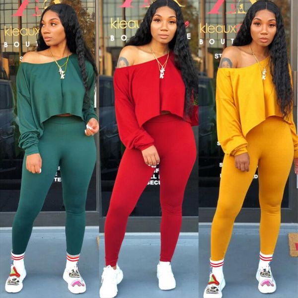 

autumn casual two piece set women clothes loose off shoulder long sleeve leggings pant two piece outfit, Gray