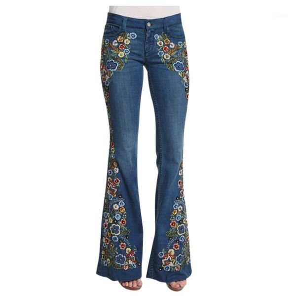 

flower embroidery jeans women floral pathcwork stretchy flare pants button waist bell bottoms women long jeans vaqueros mujer1, Blue