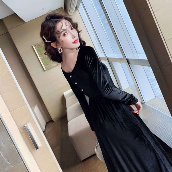 

court black velvet french style mid v-dress long dress, Black;gray