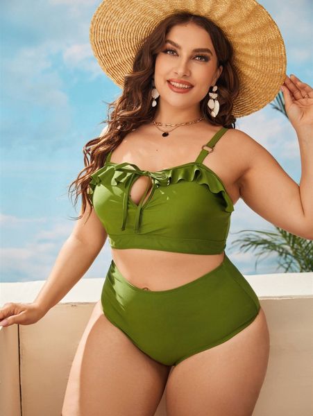 

plus frill trim tie front bikini swimsuit c8w9#, Black