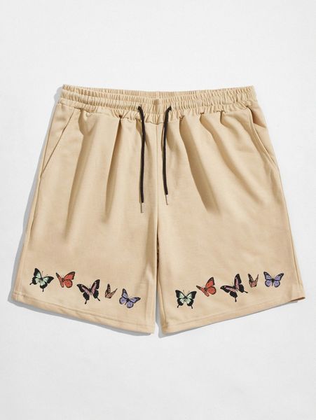 

men drawstring waist butterfly print shorts 454f#, Black