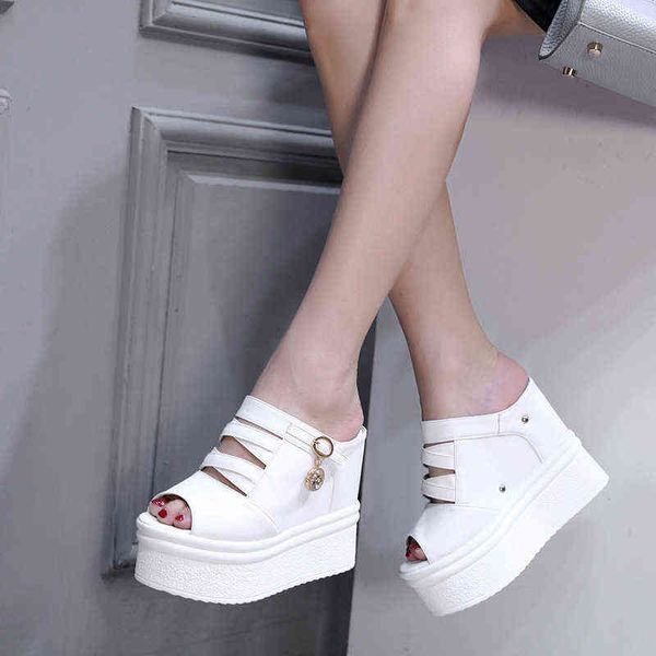 

sandals shoes women fashion black white high heels hollow metal buckle platform wedges heeled slippers summer 220226