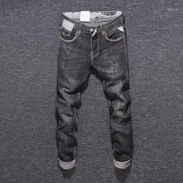 

italian style fashion men jeans black gray slim fit vintage designer jeans men streetwear elastic scratch ripped homme1, Blue