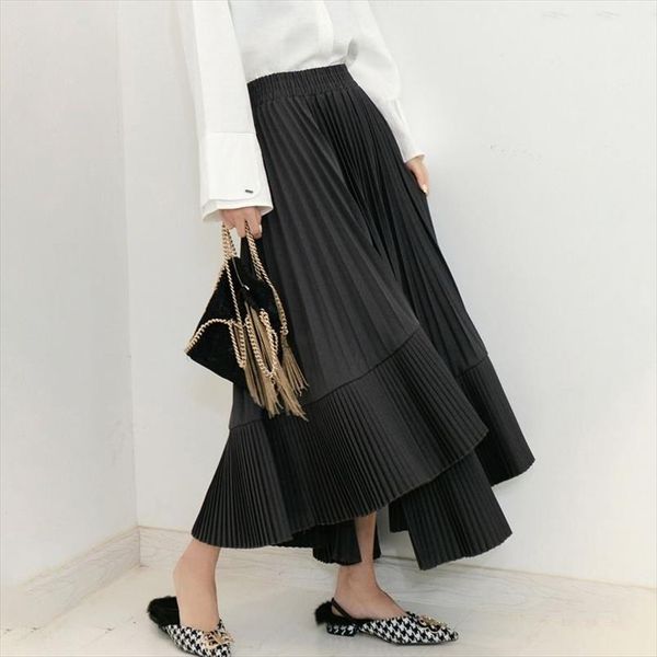 

fashion irregular long skirt women autumn high waist ruffle pleated skirts laides black streetwear elegant spring jupe femme