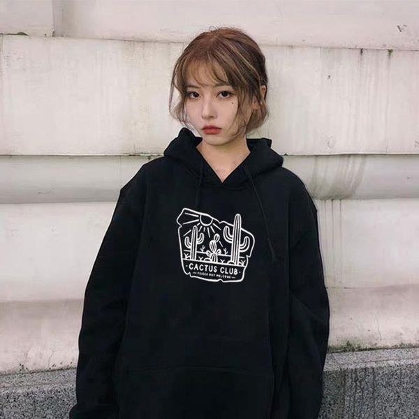 

winter coat loose thick oversized hoodies women sweatshirt kawaii cactus graphics harajuku pullover office lady feminino clothes, Black