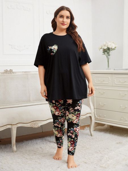 

plus heart print & floral leggings pj set i9t8#, Black;white