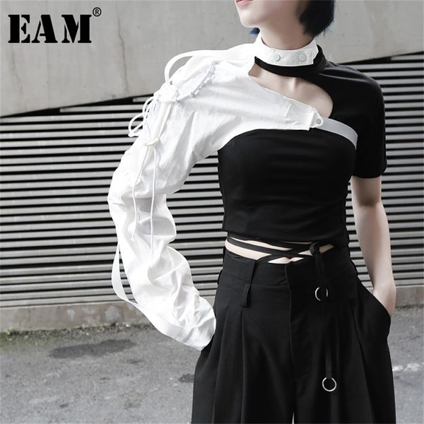 

[eam] new spring summer lapel one-sided long-sleeved accessories irregular personality shirt women blouse fashion lj200812, White