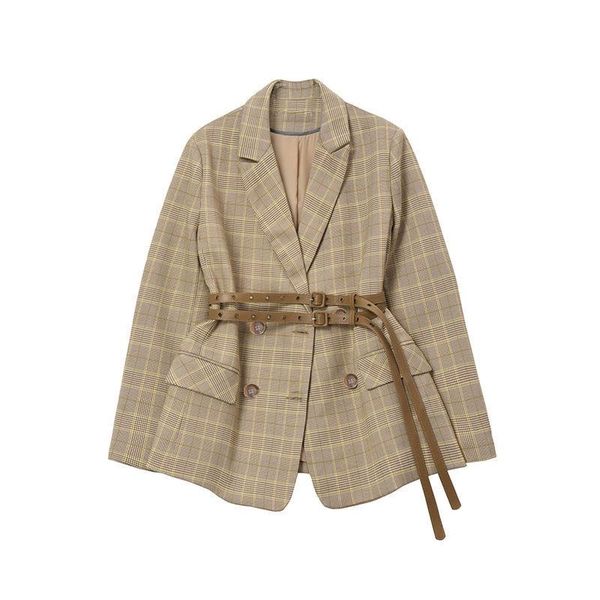 

2021 grid suit jacket autumn french niche retro sculple suit to send belt, White;black