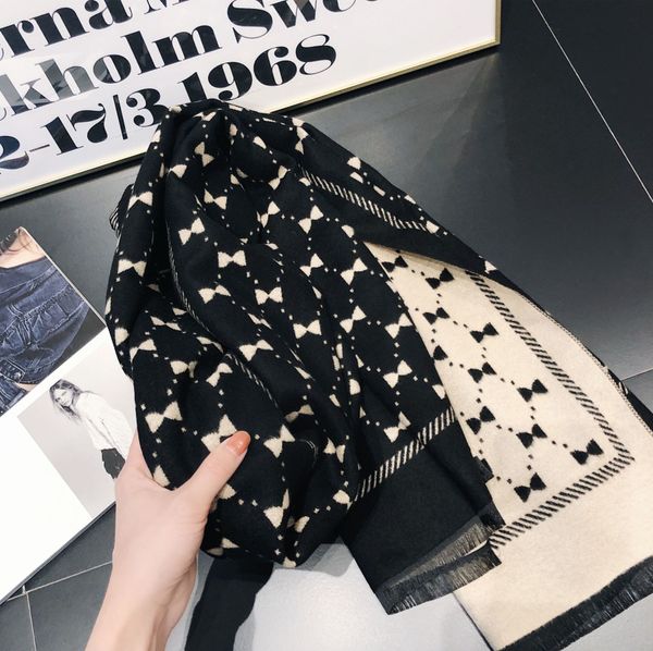 

bow double-sided scarf autumn winter korean fashion versatile women's imitation cashmere increase warm and thick air-conditioned room i, Blue;gray