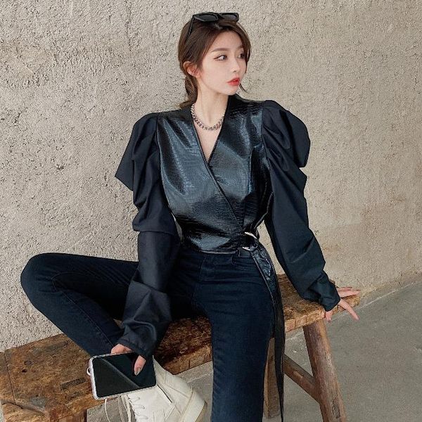 

puff sleeve women's elegant faux leather fashion blouses ladies shirts, White