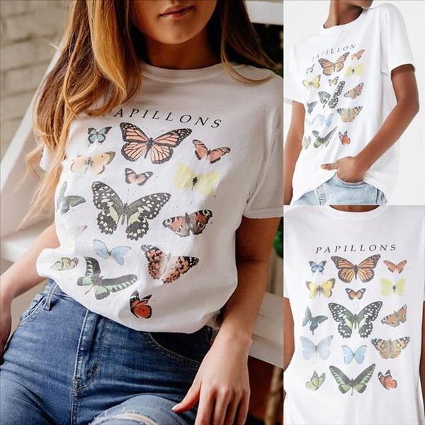 

дамы с короткими рукавами бабочка буква футболки жилет жилет топ 2020 девушка круглая шейка с короткими рукавами печатный жилет футболка топ, White