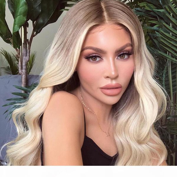 

ombre brown platinum blonde deep part 13x6 lace front human hair wigs body wave glueless full lace wigs bleached knots for women, Black