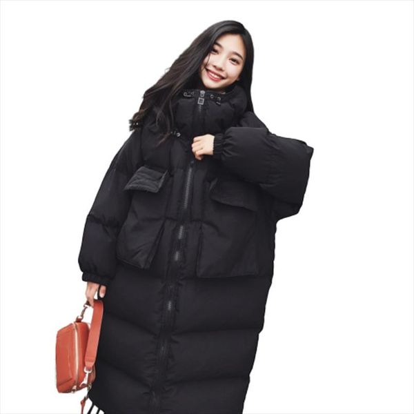 

dames jassen winter jacket women overknee big pocket oversize parka manteau femme hiver plus size black solid long warm coat