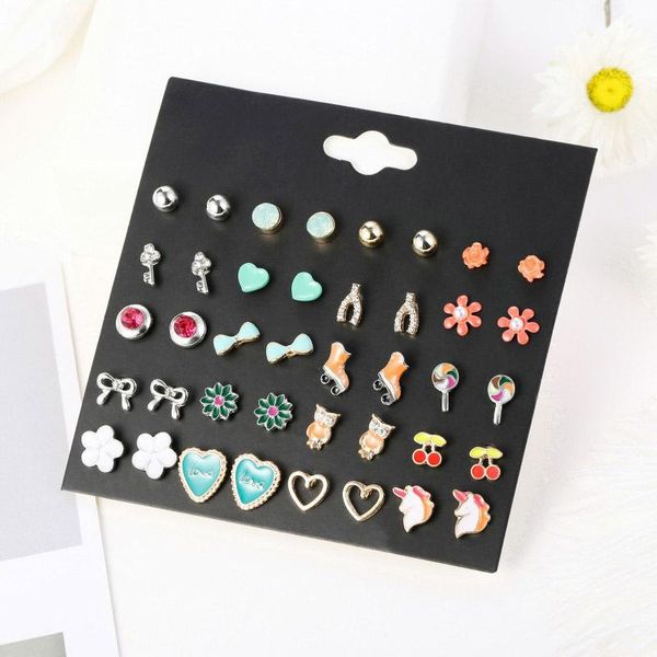 

stud 20 pairs/set women's cute candy colorful fashion earrings set mix girl flowers cherry earring, Golden;silver