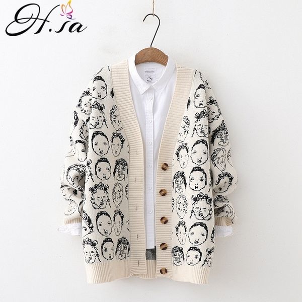 

h.sa women sweater and cardigans long cashmere knitted jacket chic oversized cardigans thick warm female clothes girl 201120, White;black