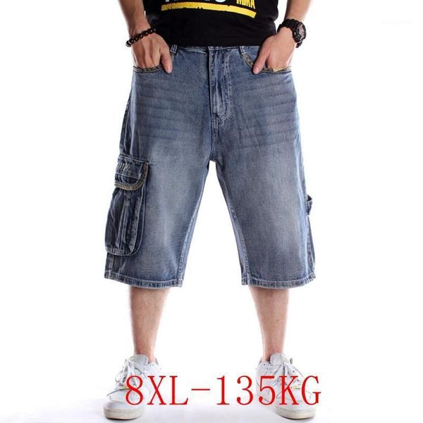 

large size hip-hop denim shorts 4xl-8xl hip 150cm embroidery multi-pocket skateboard cropped pants loose overalls denim shorts1, Blue