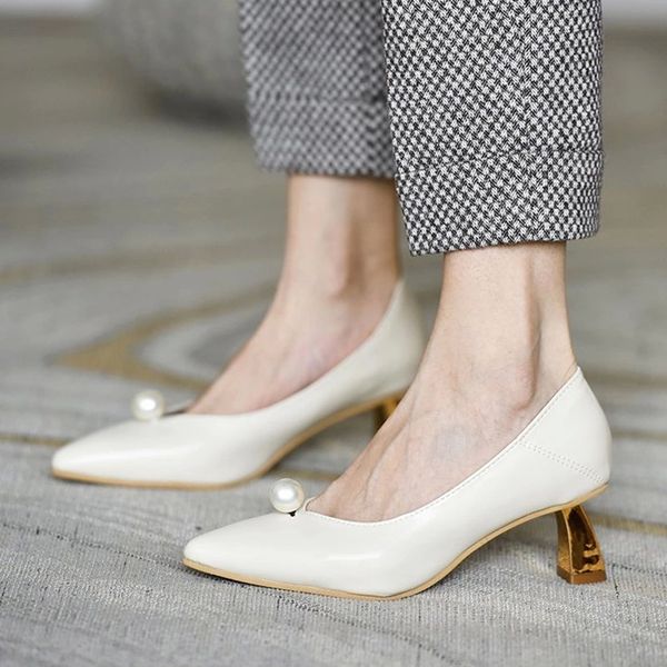 

spring autumn women pearl pump strange style high heels gold cat heel boat shoes pointed toe ladies shoes zapatos mujer 8692n #tj7o, Black