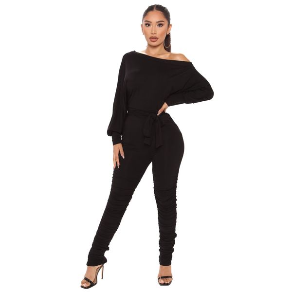 

women stacked jumpsuit with sashes slash neck long sleeve, Black;white