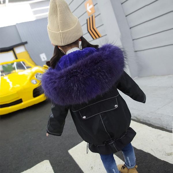 

russian winter children parkas real raccoon hooded girls winter coat outdoor detachable liner thick warm long fur jacket, Blue;gray