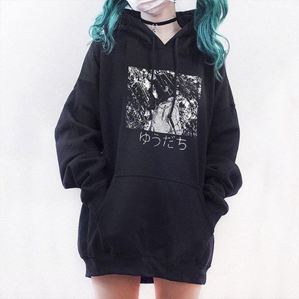 

harajuku мультфильм аниме девочка печати женщины толстовки gothic punk негабаритные velvet толстовка с капюшоном пуловер streetwear толстовк, Black