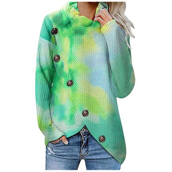 

women tie dye sweater fashion waffle turtle neck oblique button applique pullover sweaters designer female casual long sleeve knit sweaters, White;black