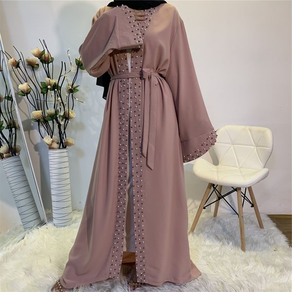 

new arrival fashion muslim beading elegant robe long sleeve floor length plus size polyester maxi womens dress, White;black