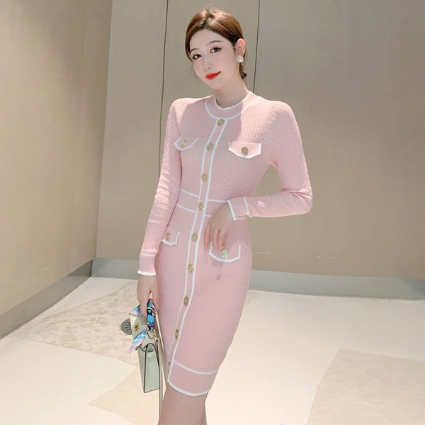 

new spring fashion women's o-neck long sleeve color block single breasted knitted bodycon tunic pencil sweater dress smlxl, Black;gray