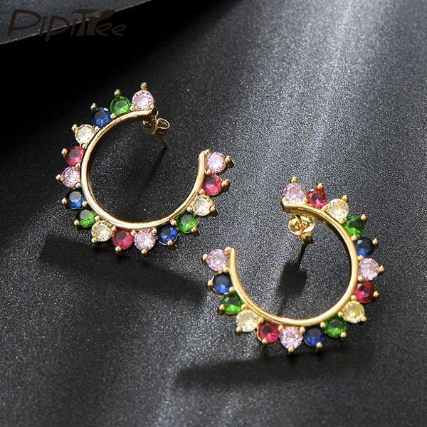 

hoop & huggie pipitree beautiful shiny multi cubic zirconia crystal loop earrings copper cz round circle for women jewelry, Golden;silver