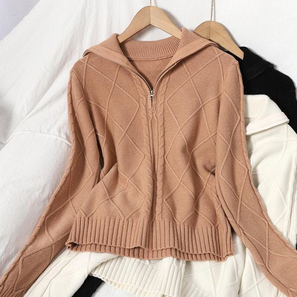 

fashionable lapel plaid comfortable casual sweater autumn and winter new versatile thin solid color, White;black