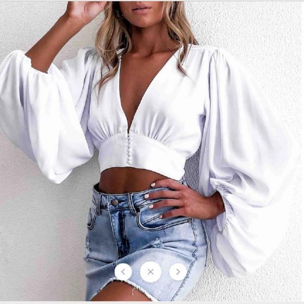 

plus size s-2xl womens blouse new ladies fashion deep v neck shirts puff long sleeve short blouse folds 1, White