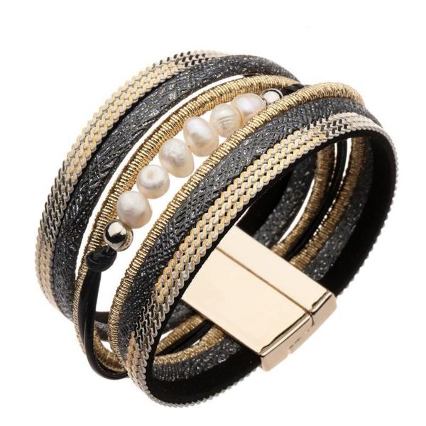

gold color metal bar charm leather bracelets for women trendy boho braided rope wide multilayer wrap bracelet female wmtrch, Golden;silver