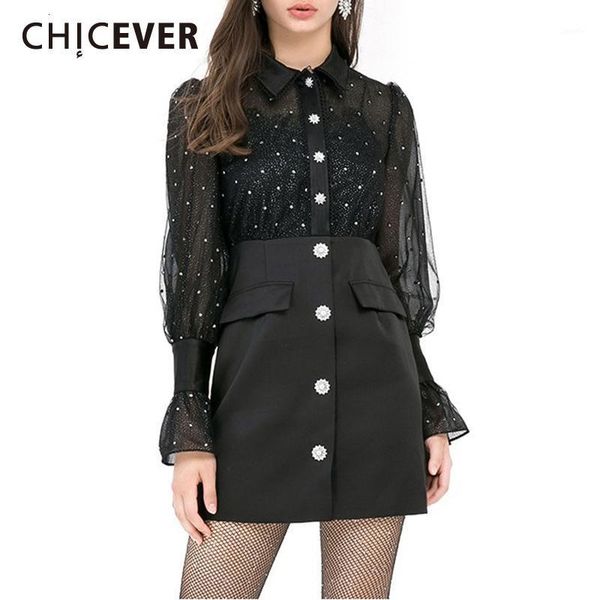 

chicever black dress for women lapel flare long sleeve high waist dot hit color sequined mini dresses female 2020 fall clothing1, Black;gray