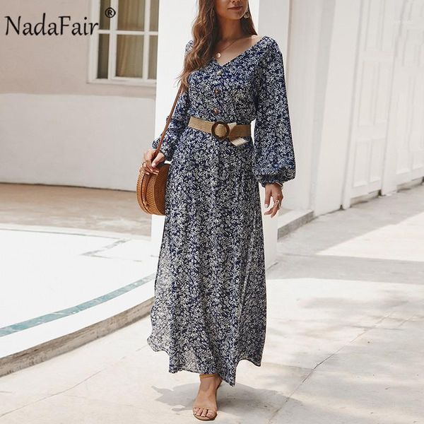 

nadafair vintage floral maxi dress summer long a-line split lantern long sleeve spring elegant retro boho dress women vestidos1, Black;gray
