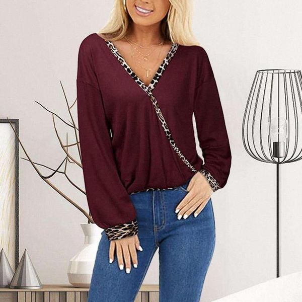 

leopard print loose v-neck long sleeve women shirt leopard shirt mujer blouse camiseta female casual loose print sleevetop, White