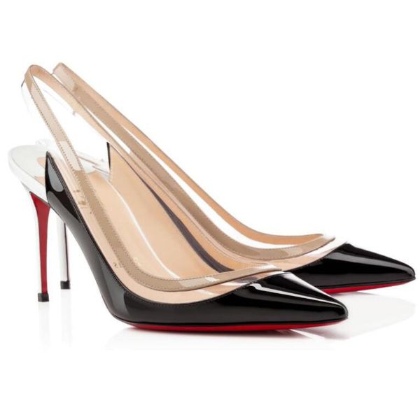 

luxury paralili pvc patent leather sandals pointed toe dress party shoes elegant red bottom pumps women lady high heels eu35-43, Black