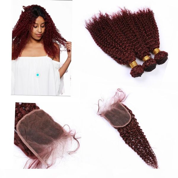 

kinky curly peruvian hair bundles with closure 4" * 4" 3 bundles curly bundle with closure #99j color, Black;brown
