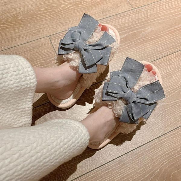 

bow faux fur slides for women girls slippers house woman slippers soft winter pink home indoor bedroom slipper shoes, Black