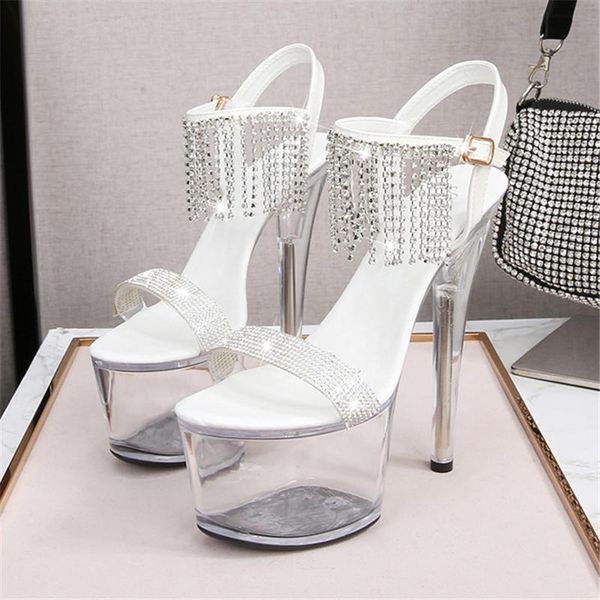 

sandals 2021 women summer stripper 16.5cm high heels 6.5cm platform silver crystal pumps transparent fetish party prom shoe, Black