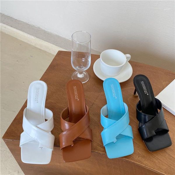 

slippers 2021 women black sandals mule heels ladies low heel fine fashion gauze female slides summer shoes talon femme1