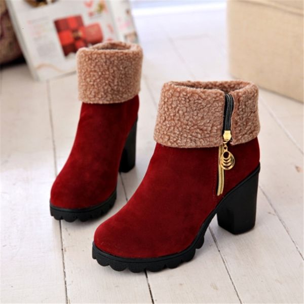

sole 2019 women winter snow warm .5cm high fur felt red boots block low heels plush ankle booties chunky shoes, Black