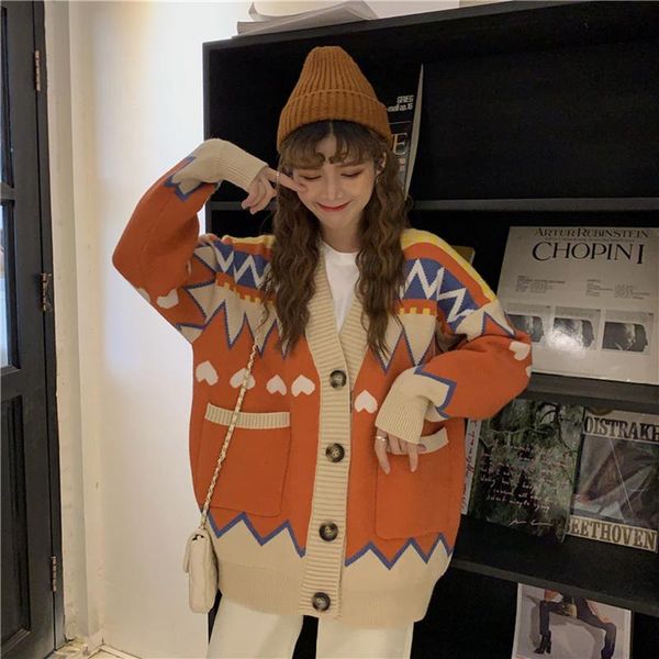 

women's jackets print patchwork pockets long sleeve spring fall cardigans v-neck sweet korean women clothing casual loose knitted swea, Black;brown