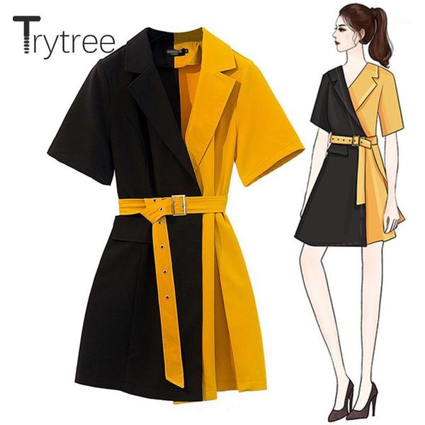 

trytree summer autumn casual dress women notched collar yellow patchwork black belt office lady dresses polyester a-line dress1, Black;gray