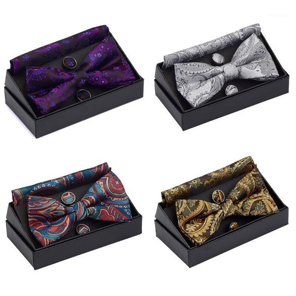 

bow ties gusleson men's pre-tied tie set paisley floral pocket square cufflinks with gift box for man gold red wedding1, Black;gray