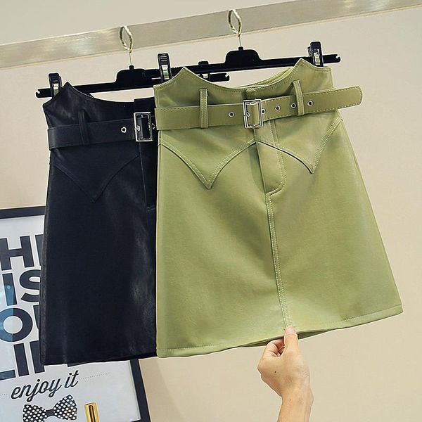 

short leather skirt autumn women's 2020 korean version elegant irregular high waist skirt female college skirt with belt, Black